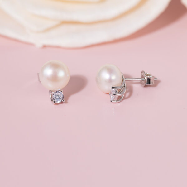 925 Sterling Silver Natural Freshwater Pearl Diamond Earrings - Image 3