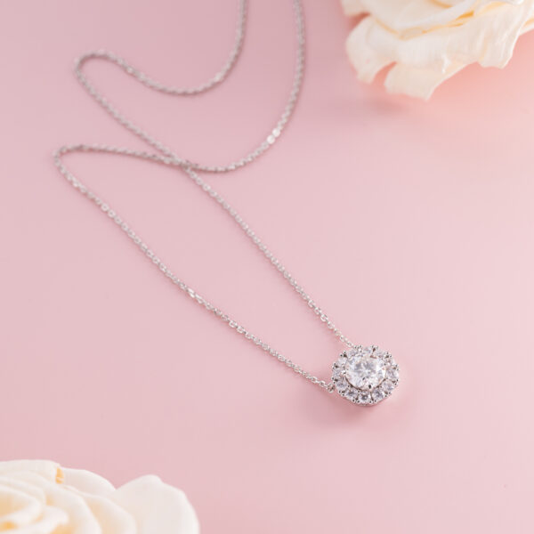 White Gold Plated Wedding Bridal Diamond Pendant Necklace - Image 2